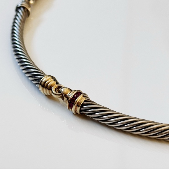 David Yurman Two Tone 925 14k Gold Ruby Cable Link Choker Necklace - Picture 5 of 13